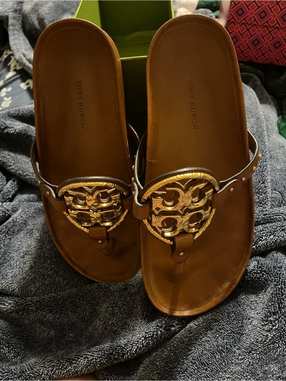 Tory Burch Tan Leather Miller Thong Sandals with Gold Logo